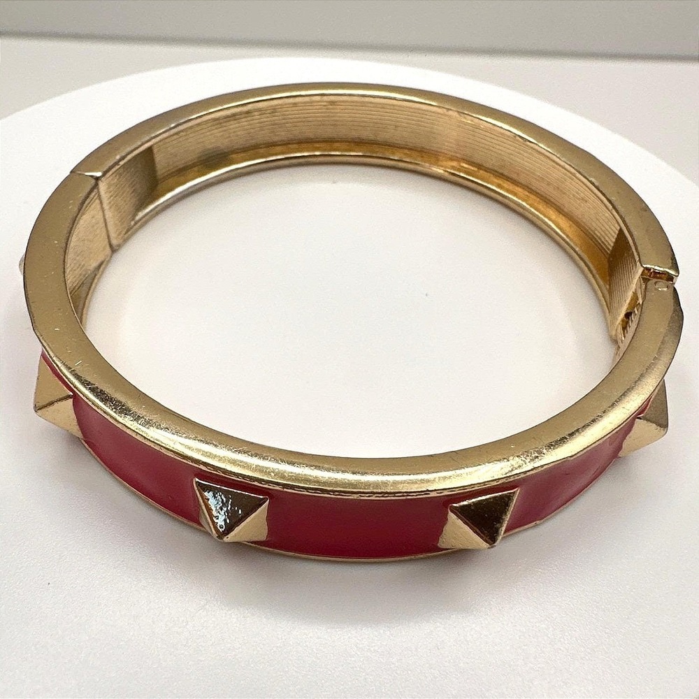 Vintage 90s Red Enamel Gold Tone Studded Hinged Bracelet Punk Rocker Jewelry Y2K